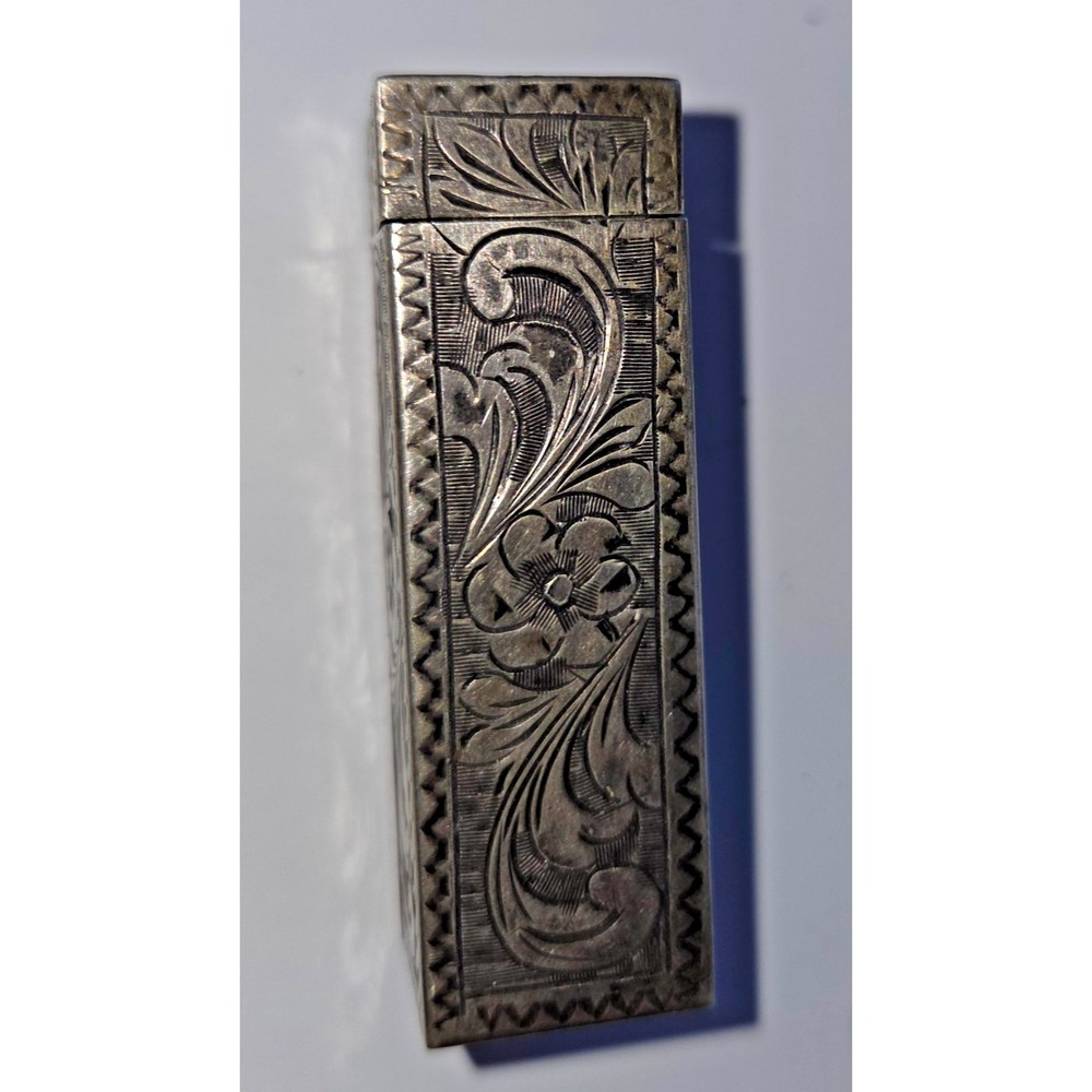 Vintage Italian Engraved Silver Lipstick Holder w Mirror & Green Cabochon - Picture 7 of 11